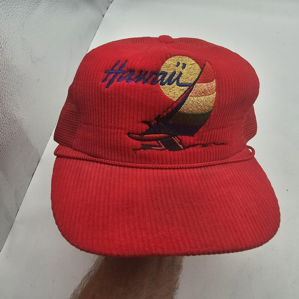 Vintage Hawaii‎ Hat Cap Snap Back Red Corduroy Mesh Trucker Mens One Size 80s